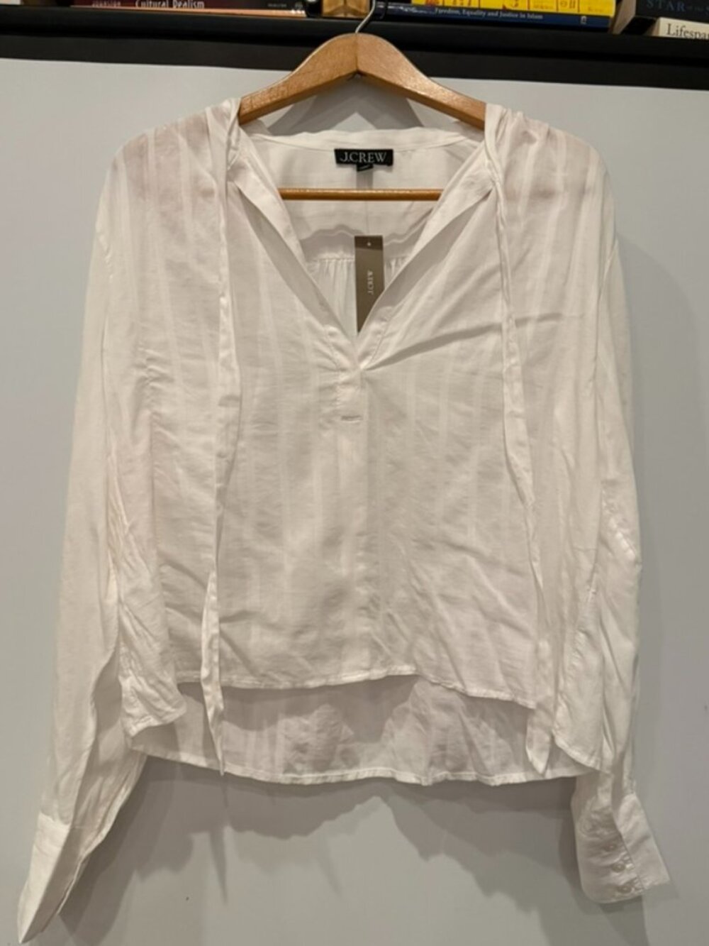 J.Crew white tonal-stripe tie-neck blouse